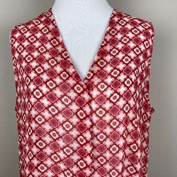 Kut From The Kloth Top Womens Large Floral Geo Button Up Sleeveless V-Neck Sheer - Picture 2 of 13